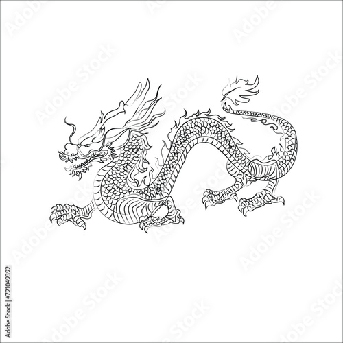 Hand drawn Silhouette dragon.Chinese dragon tattoo.Black and white Traditional Japanese dragon.