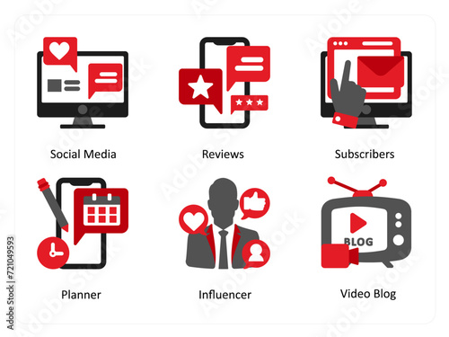 Six social icons in red and black as social media, reviews, subscribers