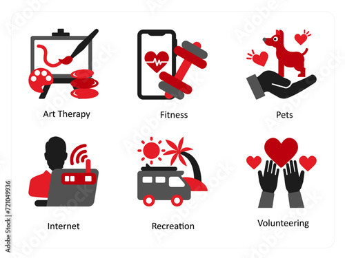 Six business icons in red and black as art therapy, fitness, pets
