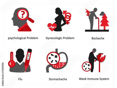 Six medical icons in red and black as phychological problem, gyecologic problem