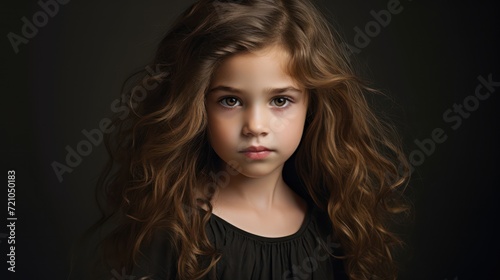 portrait of a beautiful little girl with long curly hair on a dark background Generative AI