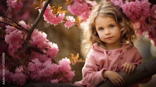 Portrait of a cute little girl on a background of spring blossom Generative AI