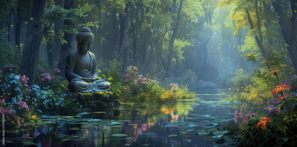 buddha seated on the water in the forest with flowers - obrazy, fototapety, plakaty 