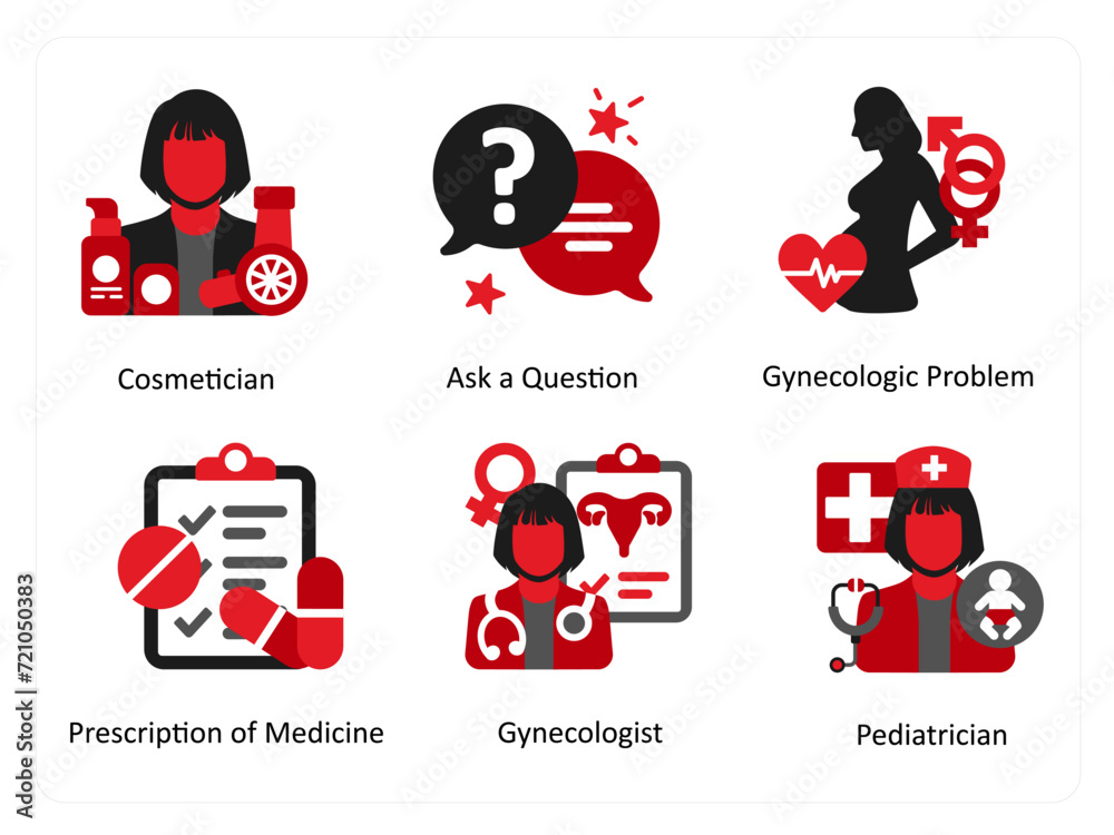 Six medical icons in red and black as cosmetician, ask a question, gynecologic problem Six medical icons in red and black as cosmetician, ask a question, gynecologic problem