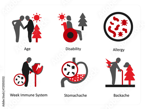 Six medical icons in red and black as age, disability, allergy, week immune system