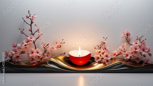 Composition of a hearth with a burning flame and sakura branches. The concept of rest, relaxation, self-knowledge. For office, beauty services. Illustration for postcard, banner, flyer, poster.