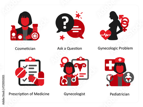 Six medical icons in red and black as cosmetician, ask a question, gynecologic problem