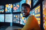 Close up shot of a smiling creative digital marketer, surrounded by glowing screens displaying successful e-commerce campaigns