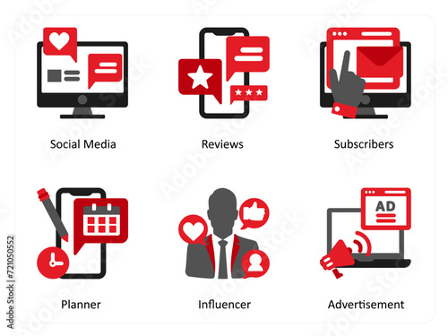 Six social icons in red and black as social media, reviews, subscribers