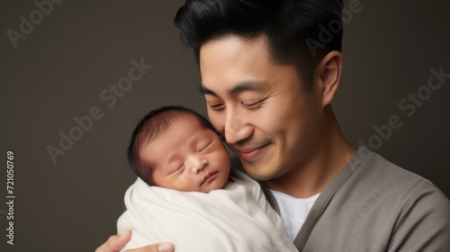 Portrait of happy asian father and his newborn baby on dark background Generative AI