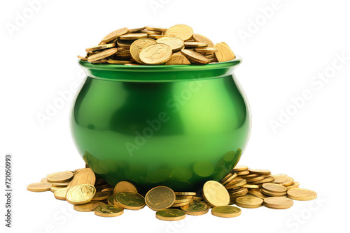 Large Green Pot with Gold Coins Isolated on transparent Background. St. Patrick's Day concept photo