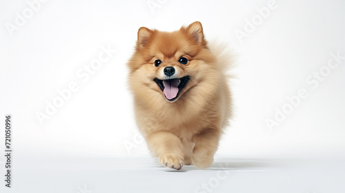 Joyful Pomeranian dog mid-run with fluffy orange fur against a white background