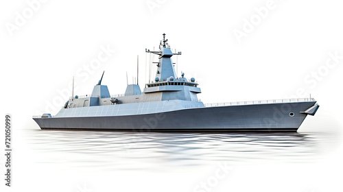 Modern naval destroyer floating on calm waters with a clean white background highlighting its design