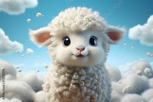 Cute Fluffy Little Sheep on Blue Sky Landscape Background. Cartoon Lamb