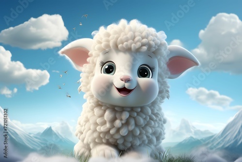 Cute Fluffy Little Sheep on Blue Sky Landscape Background. Cartoon Lamb © Resdika