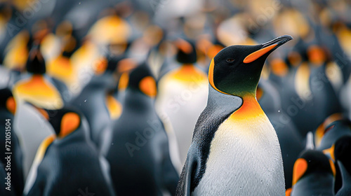 King Penguin Standing Out in the Crowd.A single king penguin stands prominently among a blurred gathering of its colony, showcasing its vivid orange and yellow plumage.