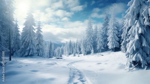 Beautiful winter landscape with snow covered fir trees in the mountains. Generative AI © Alex