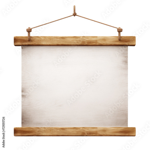 Empty wooden signboard hanging with rope, perfect for custom messages and signs, isolated on a transparent background with PNG clip art format