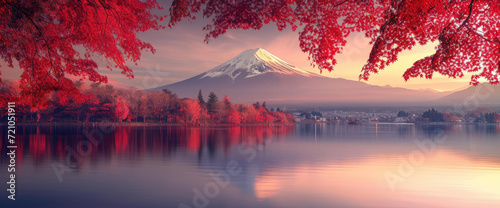an image with a mountain and red autumn trees of japan photo