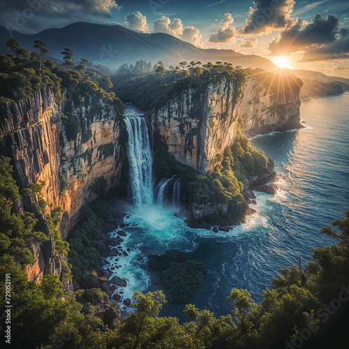 view of the waterfall falling into the sea and the sunrise 