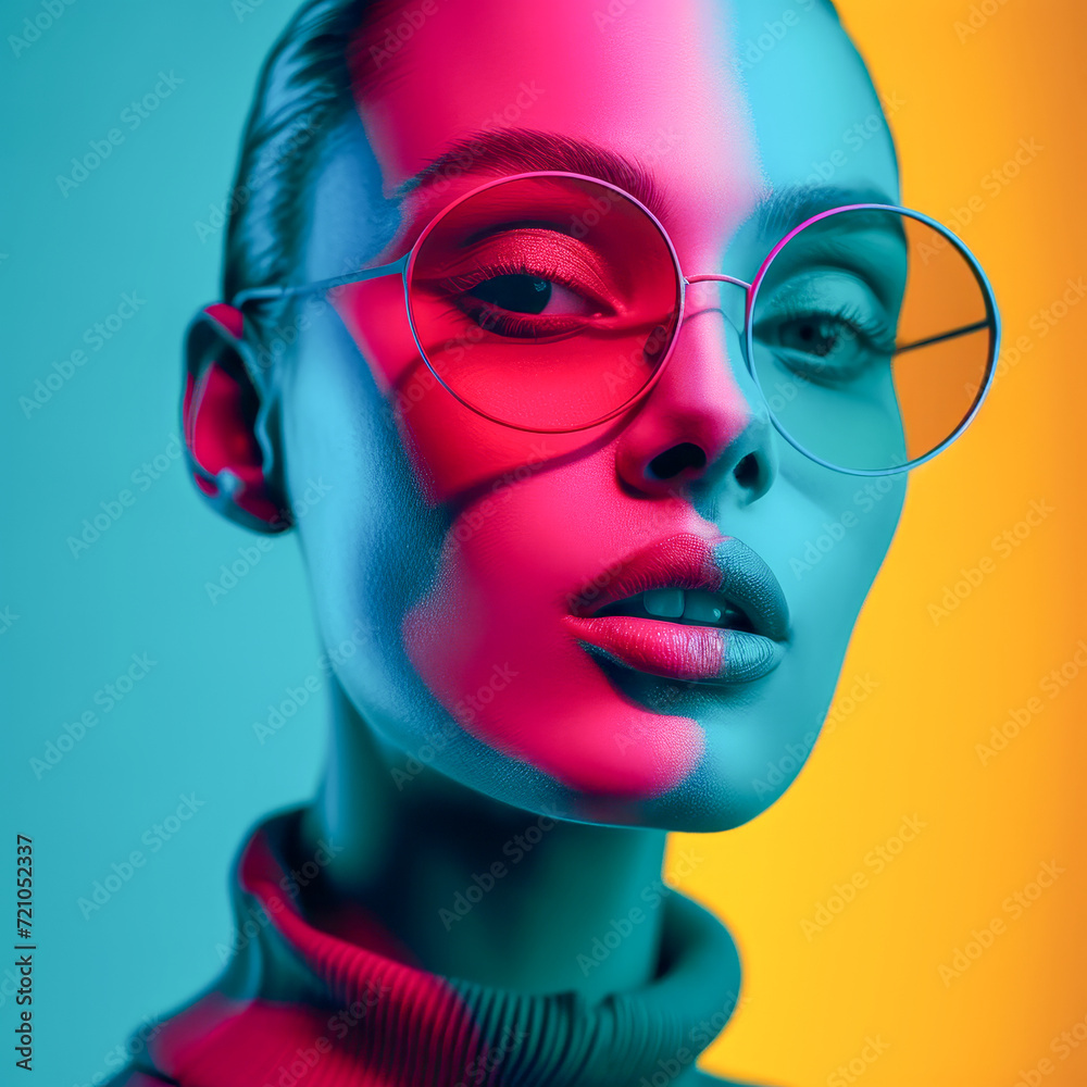 Portrait of a model with neon lighting and round glasses.
Portrait of a model with neon lighting and round glasses.