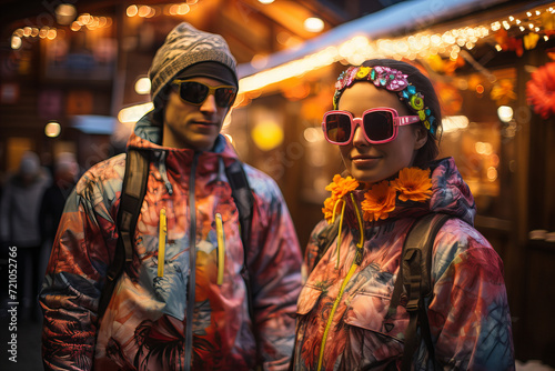 Urban Winter Style Duo, trendy couple sports vibrant winter jackets and sunglasses, set against the festive lights of a city market