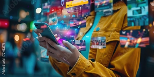 A customer shopping on social media platforms using a mobile phone concept photo