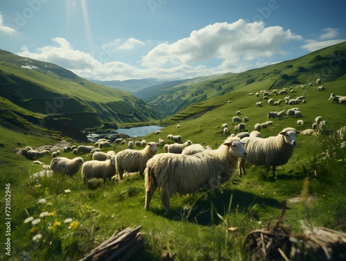 A Group of Sheep in the Mountains with a Wide Expanse of Green Grass