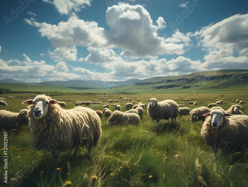 A Group of Sheep in the Mountains with a Wide Expanse of Green Grass