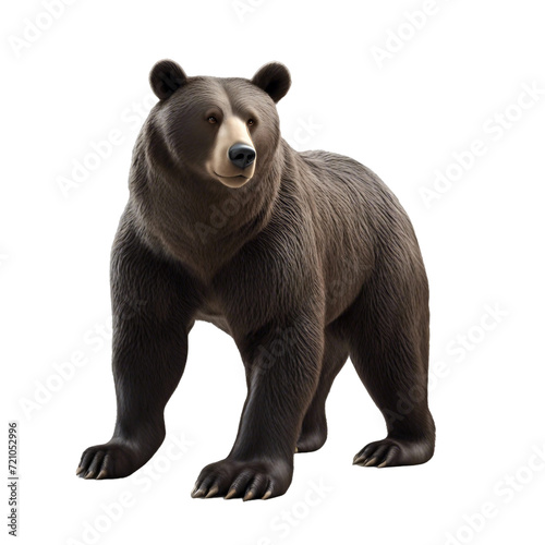 A large dark brown bear cartoon on a white backdrop created by AI.