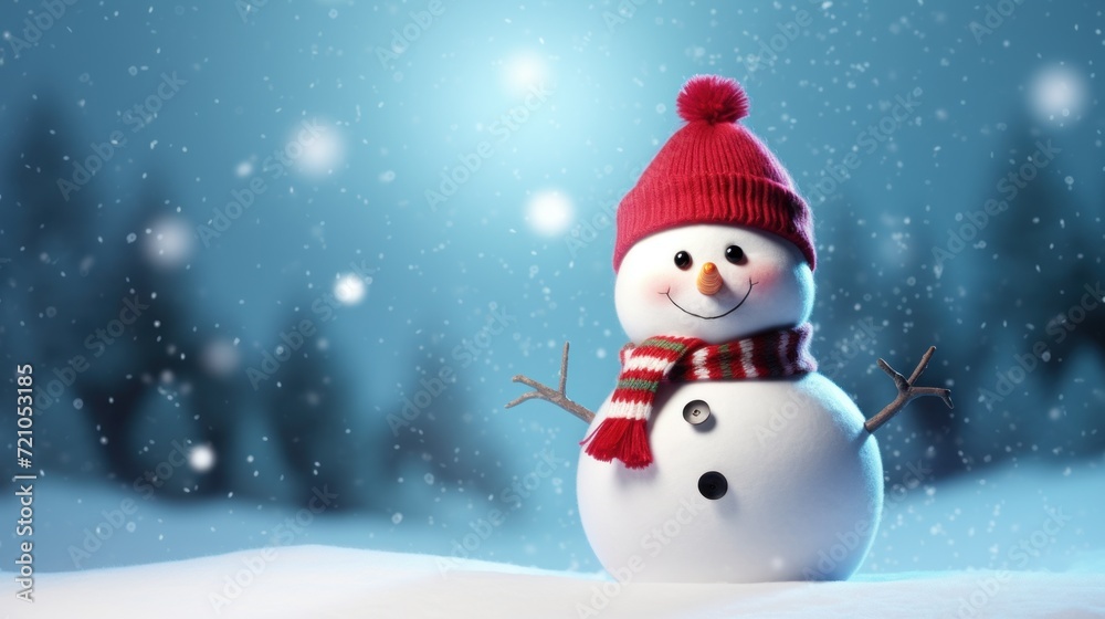 Snowman with red hat and scarf in snowy forest. Christmas background. Generative AI