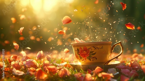 Sunlit Tea Cup Amidst Falling Petal Whispers