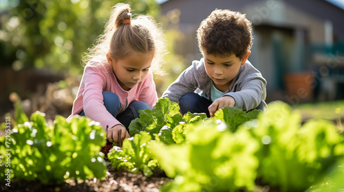 Two Children Learning About Agriculture by Tending to Garden for family gardening, lifestyle magazines, and articles on children's outdoor activities and early education in sustainability