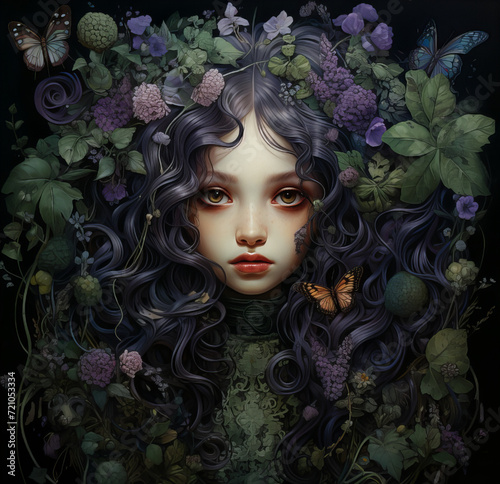 Enchanted Floral Fantasy Portrait, surreal portrait of a woman enveloped in a lush tapestry of dark flowers and fluttering butterflies, evoking a mystical aura