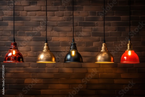 Metal Pendant Lamps Hanging from a Brick Wall in Dark Beige and Crimson Light AI Generated