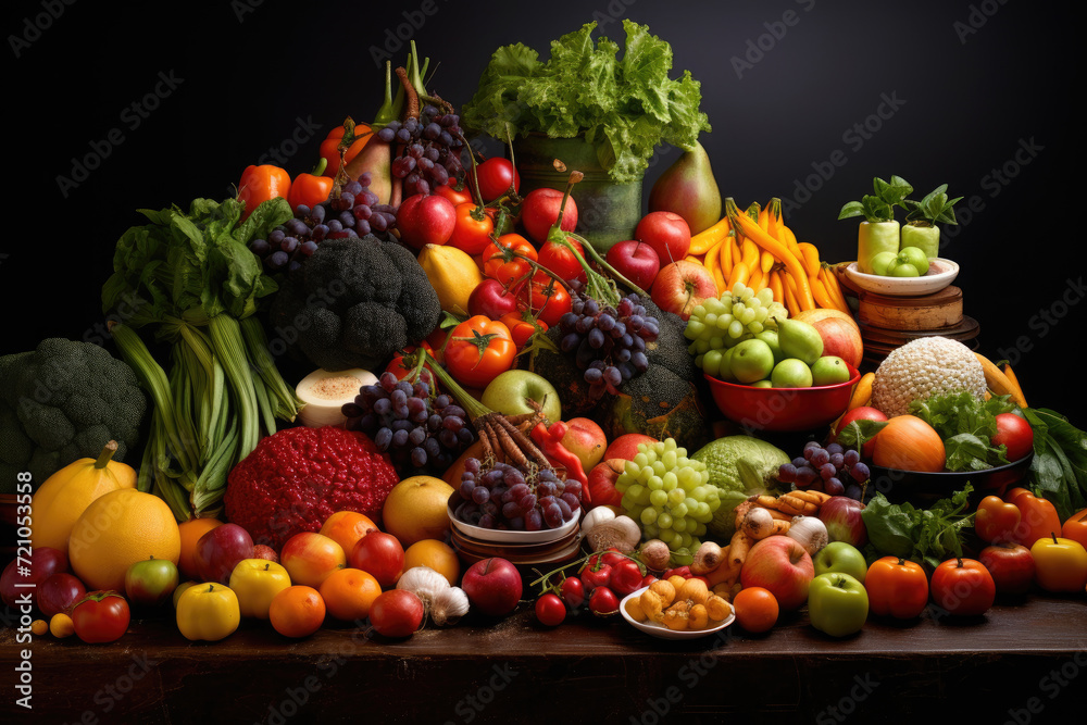 Different colorful fruits and vegetables all over the table in full frame