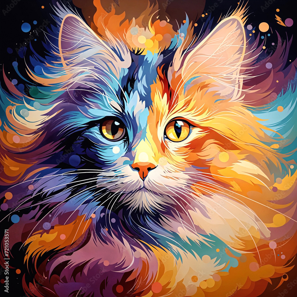  a painting of an orange cat with blue eyes, surrounded by colorful brush strokes. The cat has long, fluffy orange and white fur and is looking forward.