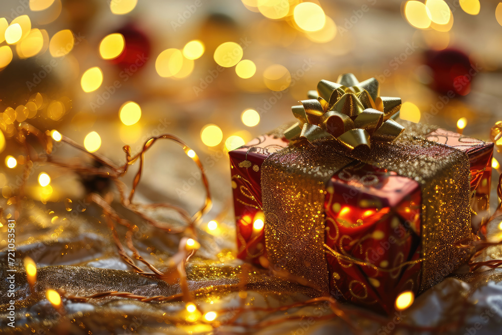 Christmas Card Merry Christmas and Happy New Year Beautiful gift box and golden bokeh lights space for text copy space Christmas Card Merry Christmas and Happy New Year Beautiful gift box and golden bokeh lights space for text copy space