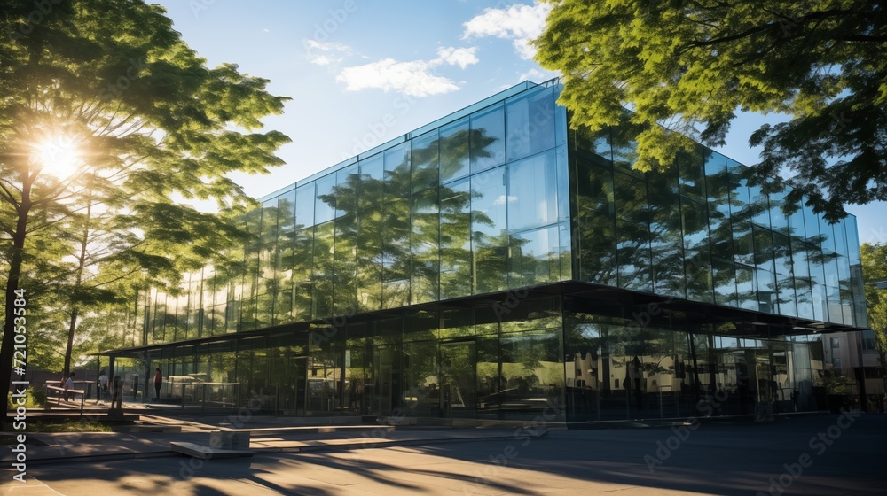 Modern Glass Building Reflecting Trees: Architecture Harmony with Nature
