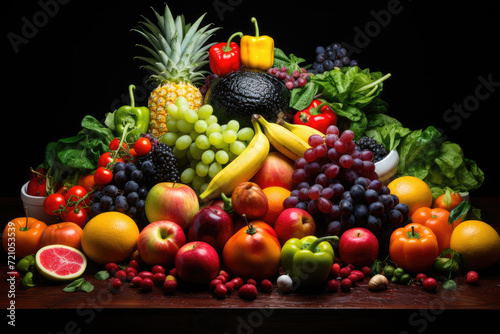 Different colorful fruits and vegetables all over the table in full frame