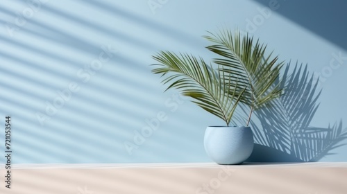 3D render of a blue vase with a palm tree on the floor Generative AI