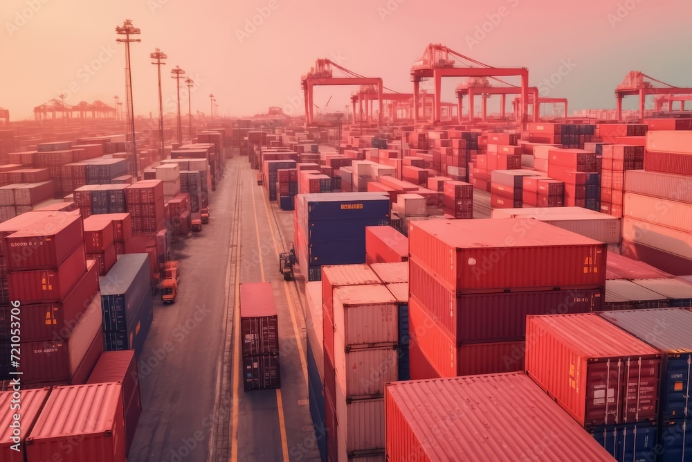 The industry RED container area bathed in a sea of striking red containers, creating a bold and vibrant visual symphony against the backdrop of industrial prowess. Generative AI. The industry RED container area bathed in a sea of striking red containers, creating a bold and vibrant visual symphony against the backdrop of industrial prowess. Generative AI.