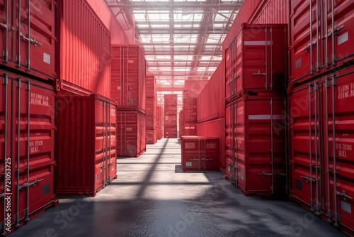 The industry RED container area bathed in a sea of striking red containers, creating a bold and vibrant visual symphony against the backdrop of industrial prowess. Generative AI.