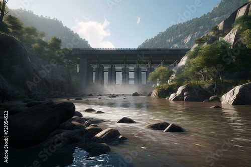 Harnessing nature s force  a hydroelectric dam creating eco-friendly power and breathtaking scenery. Using Unreal Engine 5 s technology. Generative AI