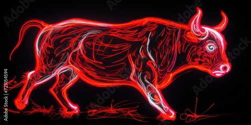 Energetic Bull: Neon Chalk Doodle Line Art with Red Strokes and White Neon Highlights AI Generated
