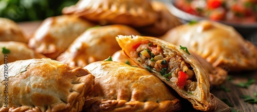 Close-up of South American empanadas with various fillings