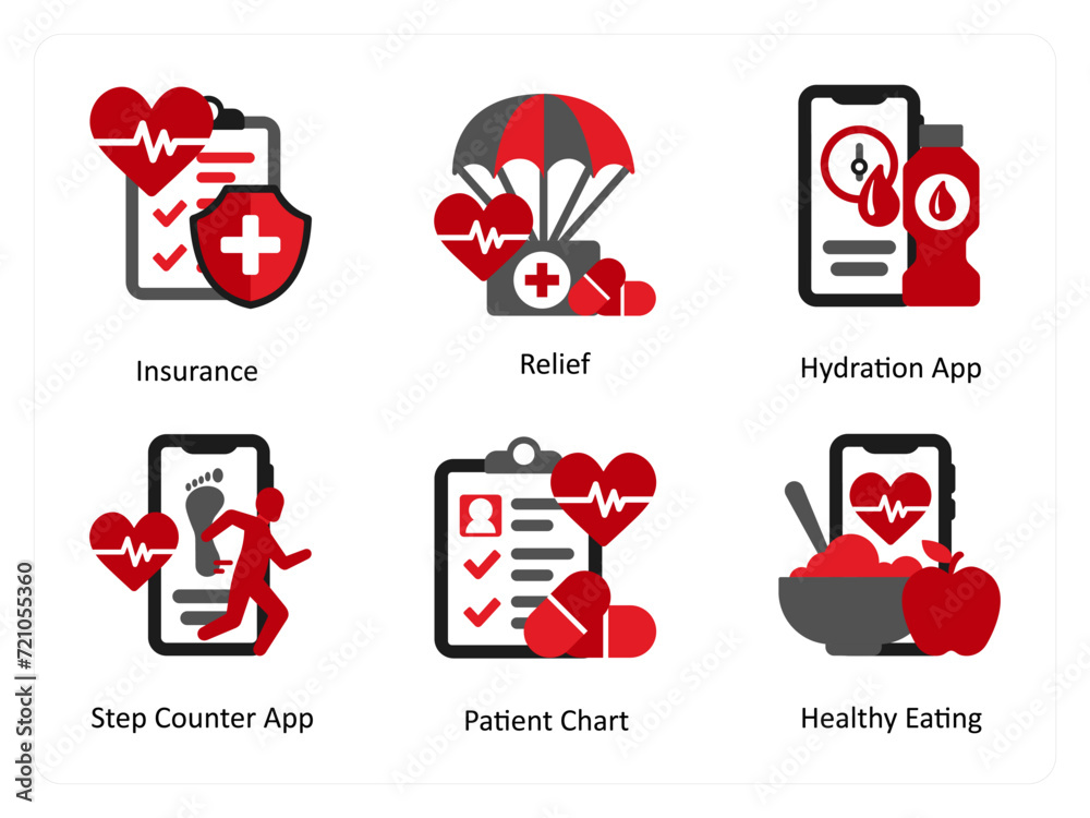 Six mix icons in red and black as insurance, relief, hydration app