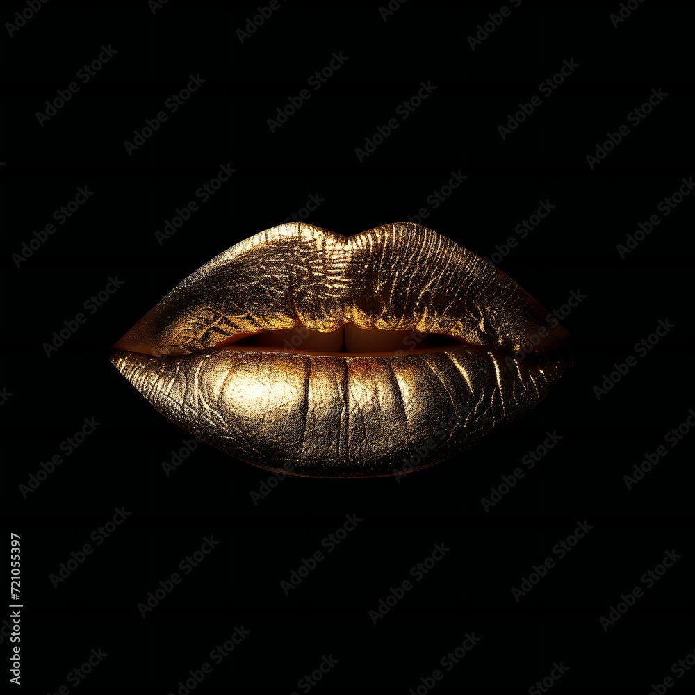 Abstract gold lips. Golden lips closeup. Gold metal art lip. Beautiful makeup. Golden lip gloss on beauty female mouth, closeup. Mouth Icon isolated on black Abstract gold lips. Golden lips closeup. Gold metal art lip. Beautiful makeup. Golden lip gloss on beauty female mouth, closeup. Mouth Icon isolated on black