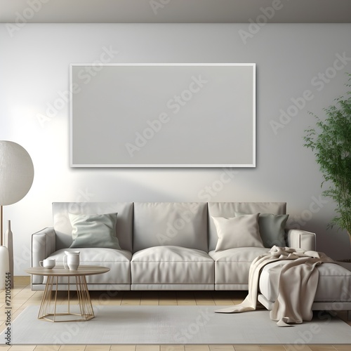 Wohnzimmer Mockup Vorlage / Innenraum mit heller Couch und Bilderrahmen / Stube Mockup / Ai-Ki generiert