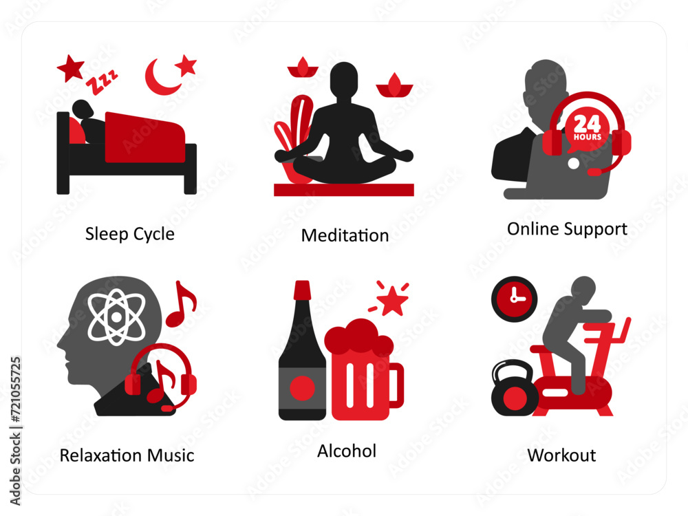 Fototapeta premium Six mix icons in red and black as sleep cycle, meditation, online support